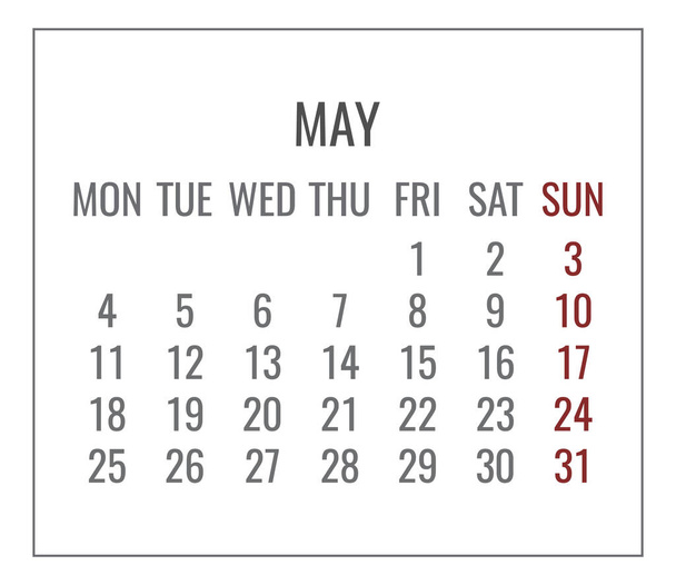 May year 2020 vector monthly plain minimalistic white calendar. Week starting from Monday. - Vector, afbeelding