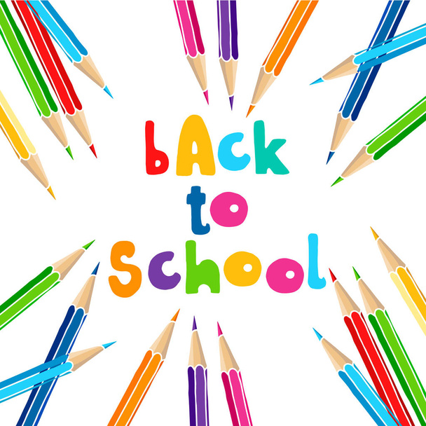 Hand drawn vector doodle Back to School multicolor words and a bunch of color pencils isolated over white background. - Vektör, Görsel