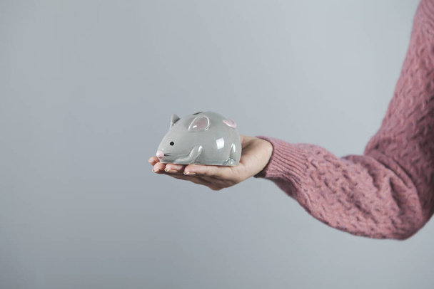 woman hand holding mouse toy on gray background - Valokuva, kuva