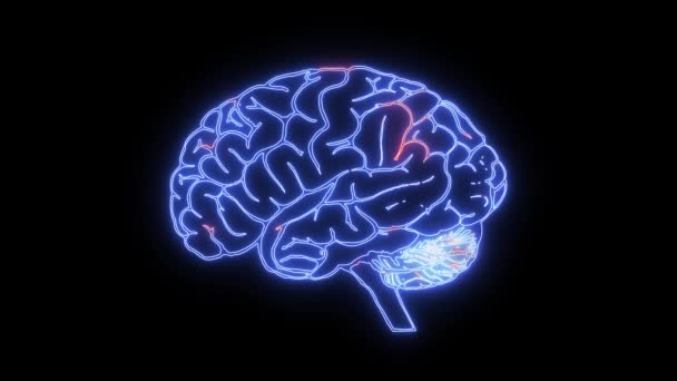 Cerveau en danger. Le cerveau numérique humain devient rouge. Troubles mentaux, cancer, démence et dégénérescence du cerveau. Cerveau, vue de côté isolé et lumineux sur fond noir - Séquence, vidéo