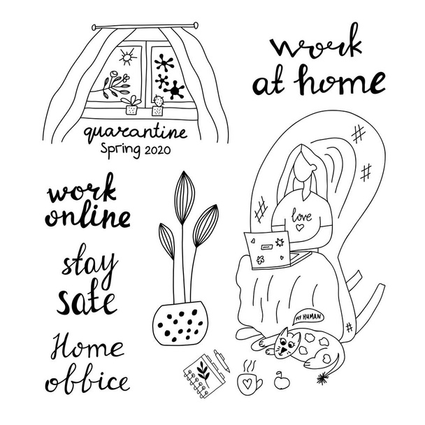 Hand drawn doodle insulation set. Work home, online, stay safe. Girl sitting in an arm chair working on a laptop. Cat lies at her feet. In the window is sun and bacterium. Vector stock illustration. - Vector, Image