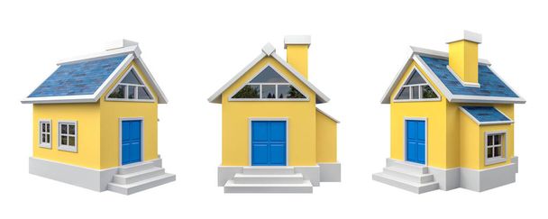 Żółty mały kreskówka House z CLIPPING PATH, Rendering 3D  - Zdjęcie, obraz