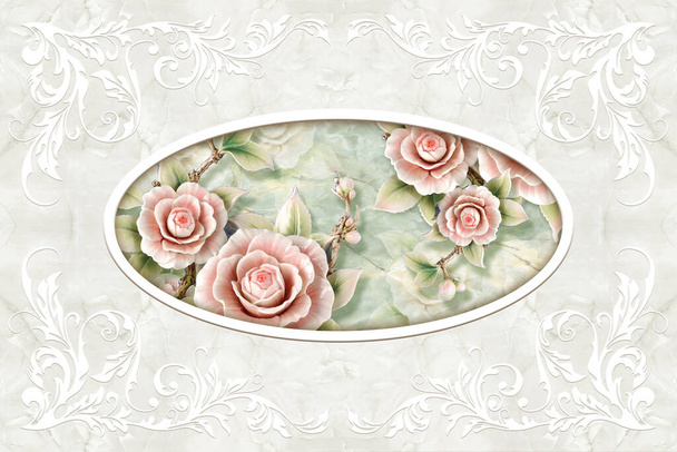 Papier peint 3d, cadre décor blanc, roses en pierre sur fond de marbre vert pâle. Plafond 3d
. - Photo, image