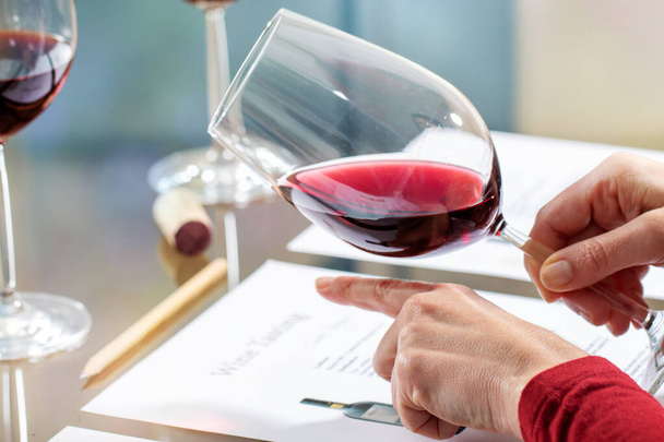 Detailní informace o someliérovi vyhodnocující hustotu červeného vína a tělo u stolu. - Fotografie, Obrázek