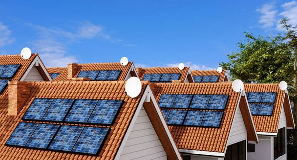 Daken van meerdere stadshuizen met fotovoltaïsche zonnepanelen voor het creëren van schone ecologische energie. - Foto, afbeelding