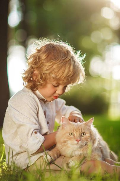 Little curly boy with a redhead cat - Photo, Image
