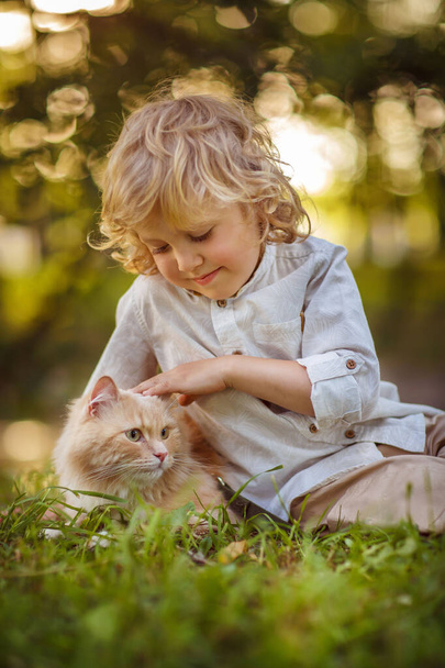 Little curly boy with a redhead cat, outdoor  - Photo, Image