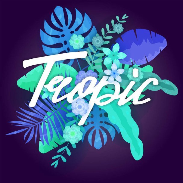 Summer trendy neon tropical leaves exotical plants palm jungle leaf. Lettering trending colors on dark background template banner. Vector illustration isolated - Vector, Image