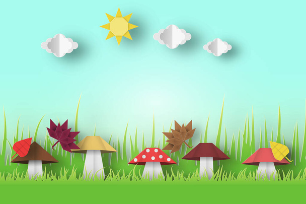 Autumn Origami Landscape with Clouds, Sun, Mushrooms, Birds, Leaves, Crafted Abstract Paper Concept. Cut Applique Scene with Elements. Quality Cutout Template. Vector Illustrations Art Design. - Вектор,изображение