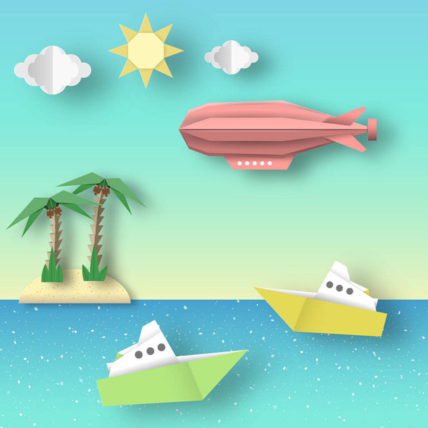 Paper Origami Airship Flies over the Sea and the Island. Vector Graphics Illustrations Art Design. Cut Landscape Scene. Kids Dirigible, Palm, Ship, Island, Clouds, Sun. Papercut Style. Cutout Trend.  - Vector, Image