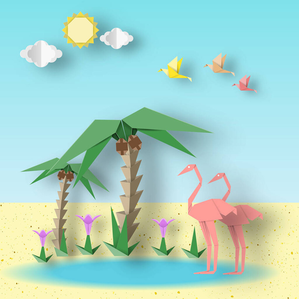 Summer Landscape Paper Origami Concept with Flamingo, Palm, Sun, Sky, Flower. Papercut Style and Cutout Trend. Summertime Scene with Symbols, Sign, Elements. Vector Illustrations Art Design. - Vector, Image