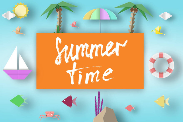Summer Time Art Paper Origami Abstract Concept, Applique Scene with Slogan and Cutout Elements. Creative Cut Template for Season Unusual Card, Poster, Banner. Vector Illustration Art Design. - ベクター画像