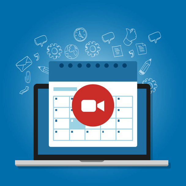 Agendar reunião de negócios em chamada de vídeo durante o distanciamento social usando o calendário do laptop
 - Vetor, Imagem