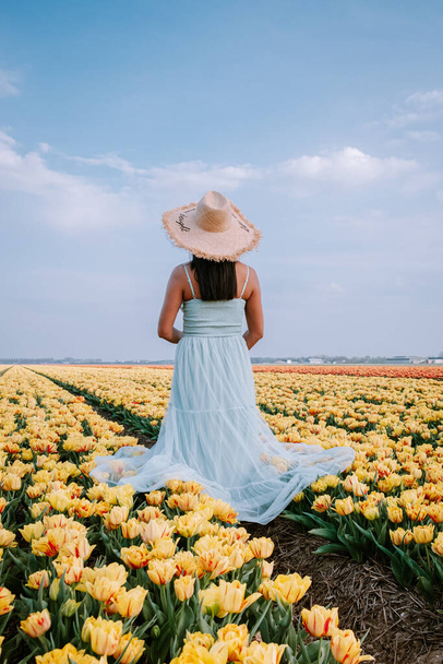 paar mannen en vrouwen in bloemenveld in Nederland in het voorjaar, oranje rood tulpenveld bij Noordoostpolder Flevoland Nederland, mannen en vrouwen in de lenteavond zon - Foto, afbeelding
