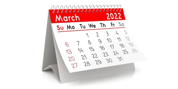 Μάρτιος 2022 - ημερολόγιο πίνακα - 3D εικονογράφηση - Φωτογραφία, εικόνα