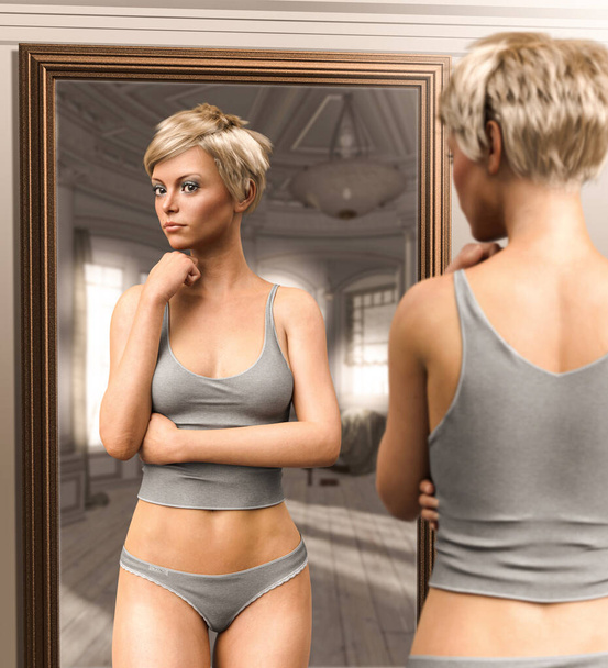 Belle jeune femme en sous-vêtements regardant son image miroir, rendu 3d
 - Photo, image