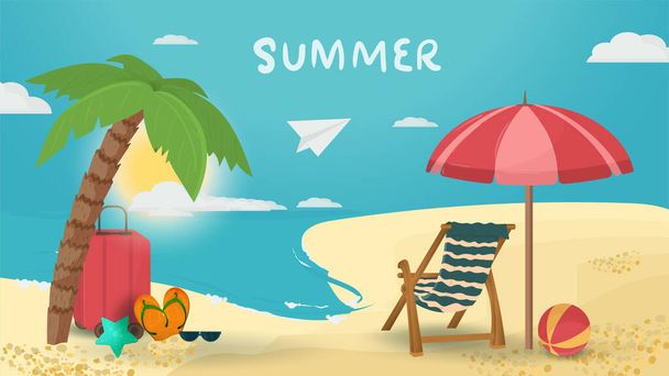 banner, landschap, zomervakantie op het strand, parasol en ligstoel, koffer met spullen, palmboom op het strand, oceaan, voor design, vlakke vectorillustratie - Vector, afbeelding