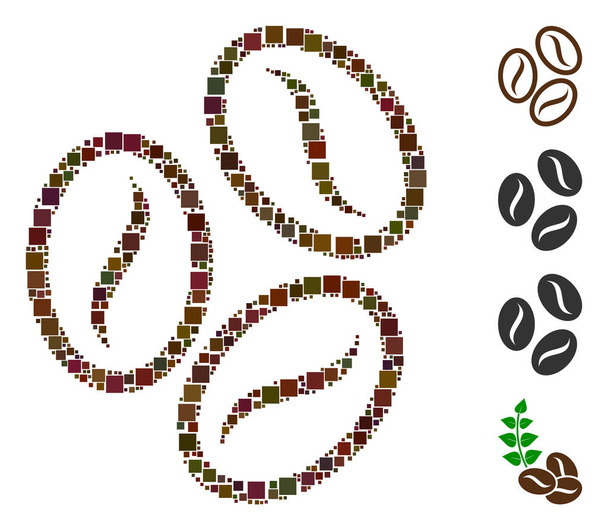 Collage Cacao beans icon composed of square elements in various sizes and color hues. Vector square parts are composed into abstract collage cacao beans icon. Bonus pictograms are added. - Vecteur, image