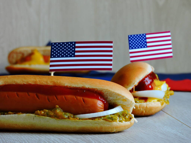 American hot dogs for July 4th party. The mood of July 4. - Photo, Image