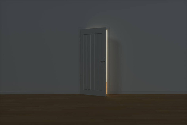Fa ajtó fehér éjszakai jelenettel, 3D-s renderelés. Számítógépes digitális rajz. - Fotó, kép