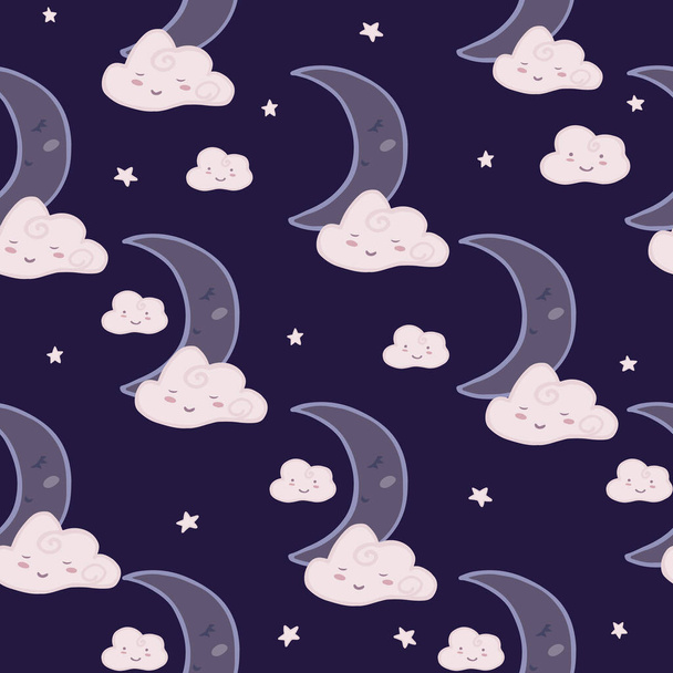 Patrón sin costuras con lindo cielo de nubes dormidas y luna. Diseño para tela de bebé, impresión textil, papel de embalaje, cubierta, embalaje. Ilustración vectorial de Doodle
. - Vector, Imagen