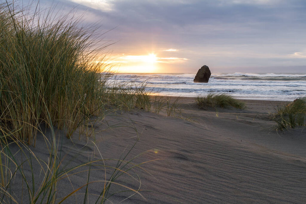 Prachtige scène als de zon ondergaat aan de horizon en kleur toevoegt aan de donkere wolken en een beetje licht aan het zand en grassen gevonden in de kust van Oregon. - Foto, afbeelding