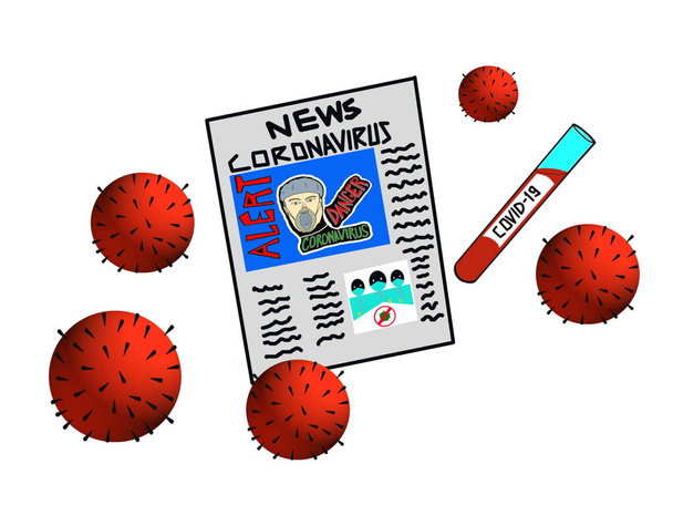 Símbolos del Coronavirus. Periódico que muestra noticias relacionadas con el Coronavirus. Tubo de ensayo con muestra COVID-19. Ilustración de fondo blanco
 - Foto, Imagen