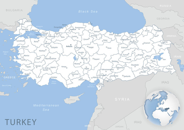 Blaugraue Detailkarte der Türkei, der Verwaltungseinheiten und der Lage auf dem Globus. Vektorillustration - Vektor, Bild