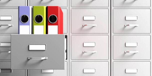 Office file folders in an open cabinet drawer closeup view. Document data archive storage, Business administration concept. 3d illustration - Photo, Image