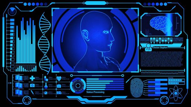 Obracanie modelu głowy człowieka 3D Obracanie w medycznym futurystyczny wyświetlacz HUD, w tym DNA, cyfrowe skanowanie mózgu, odcisk palca i więcej z niebieskim kolorem nieruchomy obraz Wer.1 (Pełny widok) - Zdjęcie, obraz