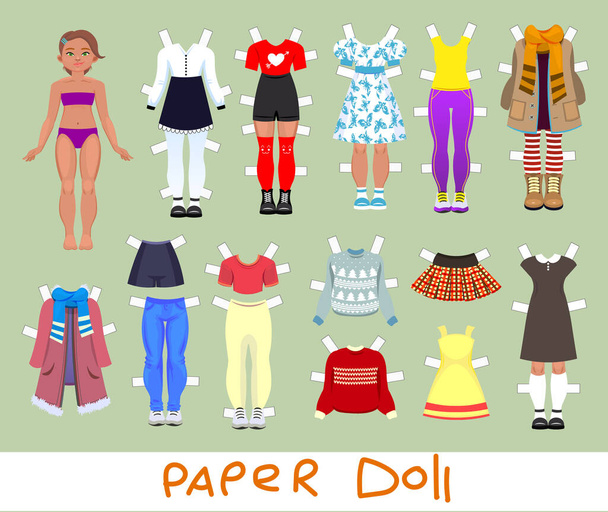 かわいい女の子の紙人形と服と靴のセット - ベクター画像