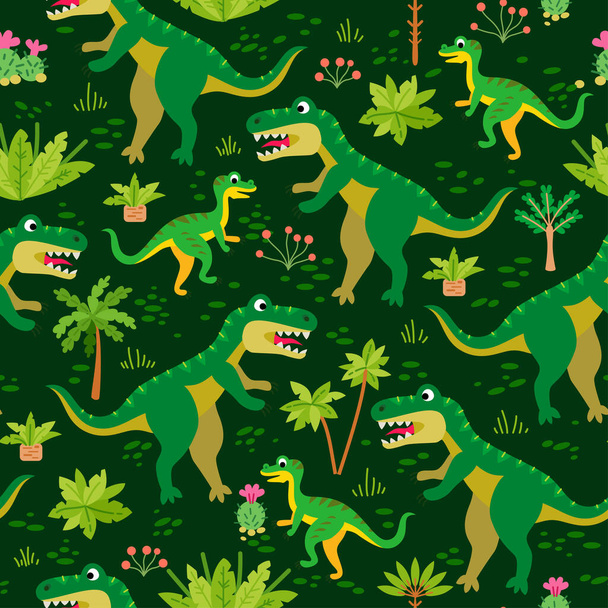 A Childish dinosaurs and tropical leaves pattern - Vector, afbeelding