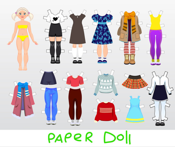 かわいい女の子の紙人形と服と靴のセット - ベクター画像