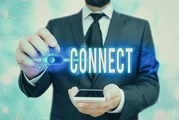 Word pisanie tekstu Connect. Biznes koncepcja bycia razem kontakt skojarzyć dotyczą sieci komunikacji. - Zdjęcie, obraz