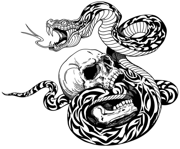 serpente attorcigliato intorno al cranio umano rotto. Tatuaggio in bianco e nero. Illustrazione vettoriale
 - Vettoriali, immagini