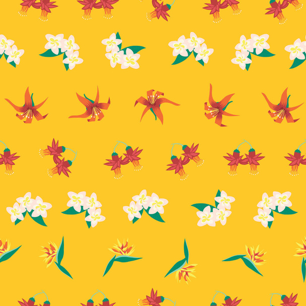 Modello vettoriale estivo di fiori tropicali senza soluzione di continuità giallo. Fiori esotici sfondo. Illustrazione di uccelli tropicali del paradiso, Frangipani, Plumeria, Giglio, Fucsia
 - Vettoriali, immagini