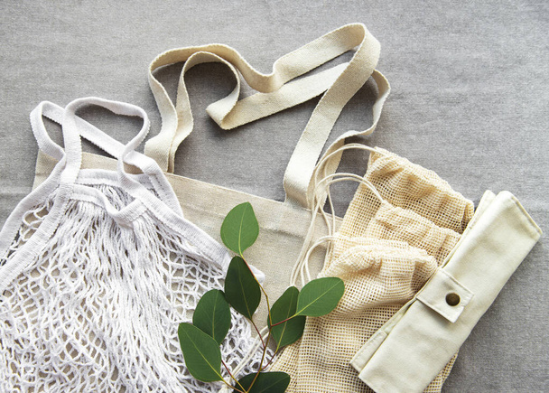 Cotton bags, net bag. Zero waste concept. Eco friendly. Flat lay - Photo, Image
