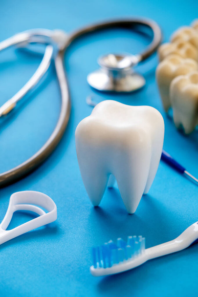 Zubní model a zubní výbava na modrém podkladu, koncept obrazu zubního pozadí. Zubní hygiena pozadí - Fotografie, Obrázek