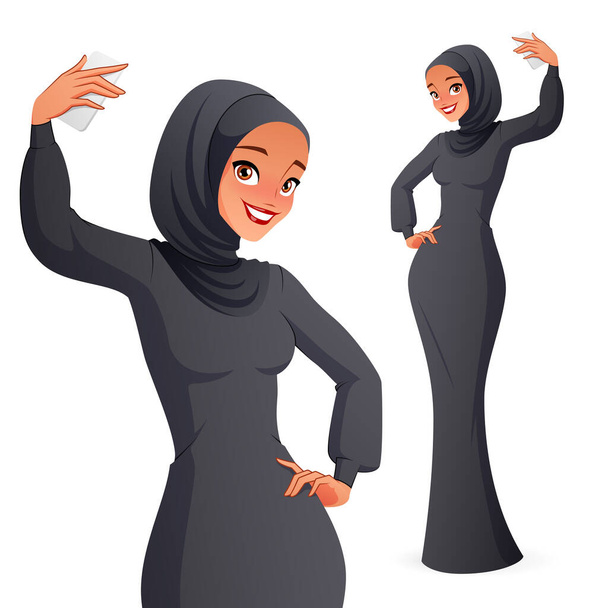 Gyönyörű muszlim nő hidzsábban, aki szelfit készít. Elszigetelt vektor illusztráció. - Vektor, kép