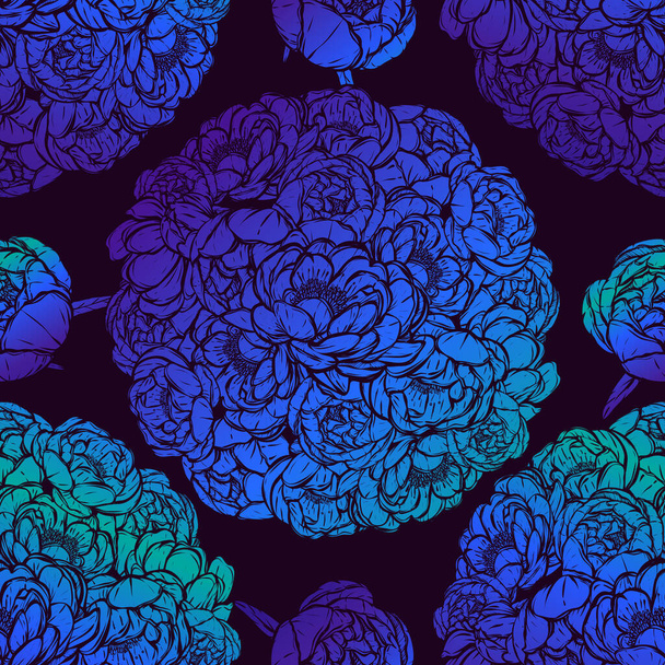 Vector illustration.Flower decoration of peonies. card for you. Handmade, prints on T-shirts,background dark purple, green blue color, seamless pattern - Вектор,изображение