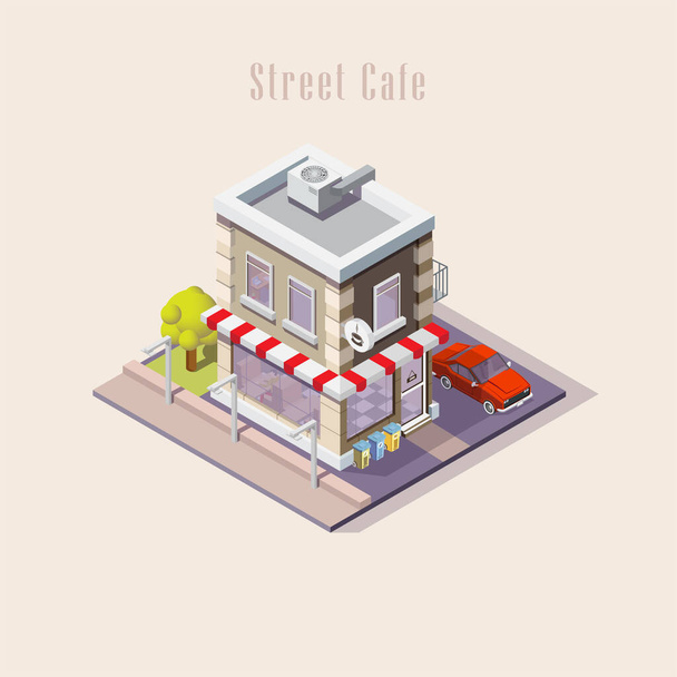 street cafe ισομετρική, διανυσματική απεικόνιση. Εστιατόριο με παρκαρισμένο αυτοκίνητο. Ένας άντρας επισκέπτεται ένα καφέ. Διώροφο κτίριο - Φωτογραφία, εικόνα