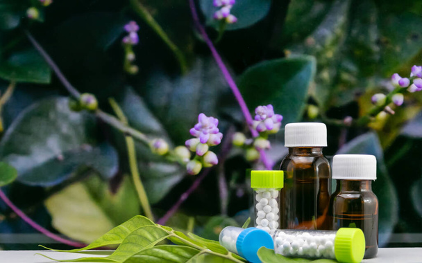 Delantero tiro de cerca de las bolas de azúcar homeopatía y medicamentos líquidos contra el fondo frondoso
 - Foto, imagen