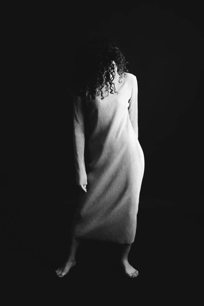 Fashion art studio black and white portrait of beautiful girl  - Fotó, kép