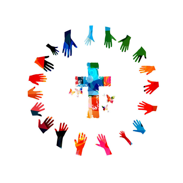 Colorful christian cross with human hands isolated vector illustration. Religion themed background. Design for Christianity, church charity, help and support, prayer and care - Vector, Image