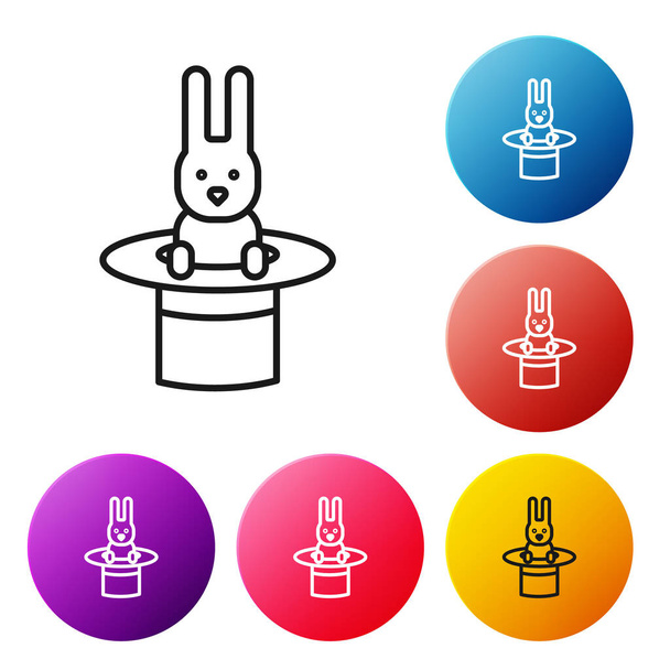 Чорна лінія Шапка чарівника і іконка кролика ізольовані на білому тлі. Чарівний трюк. Таємнича концепція розваг. Вкажіть піктограми барвистих кнопок кола. Векторна ілюстрація
 - Вектор, зображення