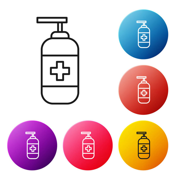 Black line Bottle of liquid antibacterial soap with dispenser icon isolated on white background. Antiseptic. Disinfection, hygiene, skin care. Set icons colorful circle buttons. Vector Illustration - Vector, Image