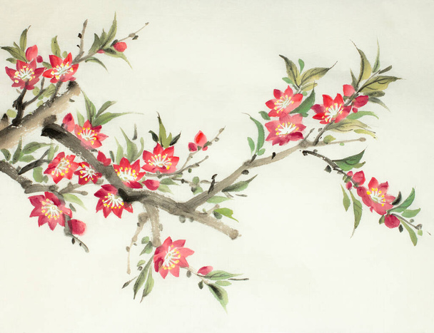 branch of a blossoming peach on a light background - Fotó, kép