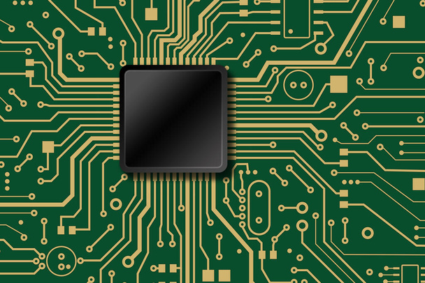 Illustratie van moederbord circuit met CPU en elektrische leidingen, bovenaanzicht. Kopieerruimte - Foto, afbeelding
