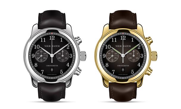 Realistische Uhr Chronograph Gold und Silber Lederarmband Kollektion Luxus isoliert Vektor Illustration. - Vektor, Bild