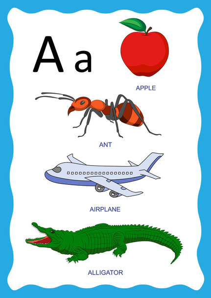 文字A 、リンゴ、アリ、飛行機、ワニのアルファベットセット画像のベクトル図。このベクトル画像で子供のアルファベット学習本を作成できます.  - ベクター画像